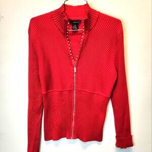 Red‎ Ribbed Knit Sweater Crystals Zipper XL